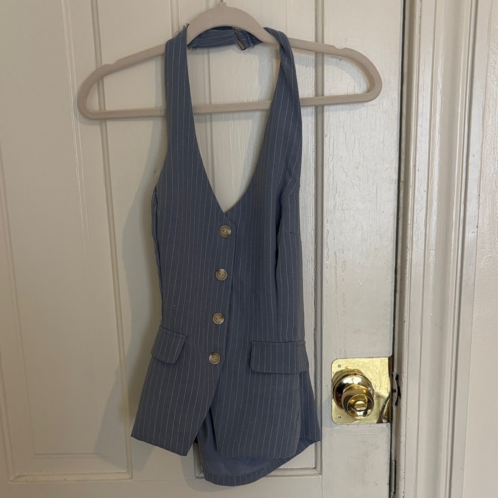 Monteau Blue Pinstripe Halter Romper